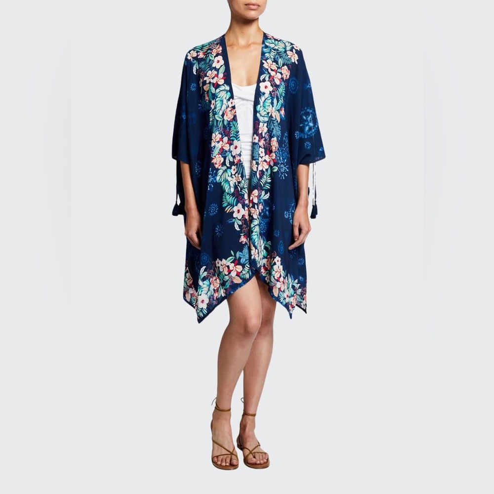 Johnny Was California Annia Short Kimono coverup in a navy blue floral print.